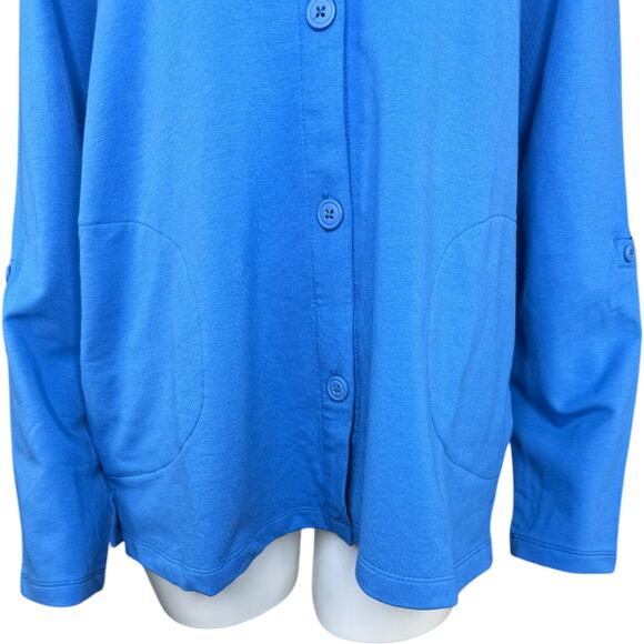 Denim & Co. Beach French Terry Roll Tab Sleeve Hooded Jacket Indigo Sea Medium - Picture 9 of 13